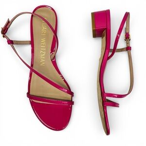 Stuart Weitzman Patent Leather Low Heel Sandal Women 8 Bright Pink
